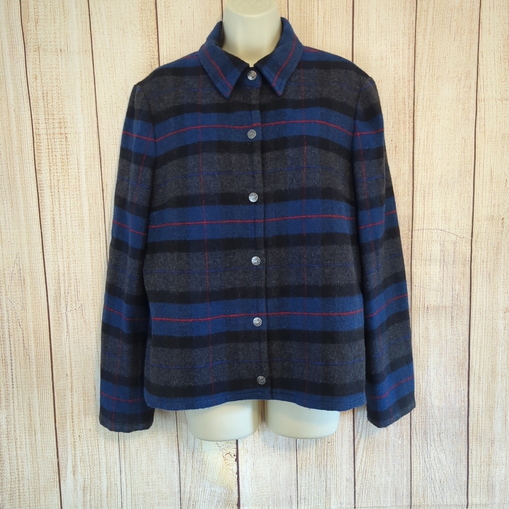 Vintage  Wool Blend Shacket Sz 12 Blue Grey Red Tartan Flannel